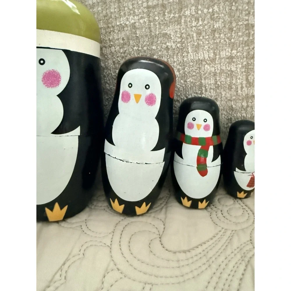 Hand Painted Wooden Penguin Nesting Doll Figurines, Set of 5, 10 in
